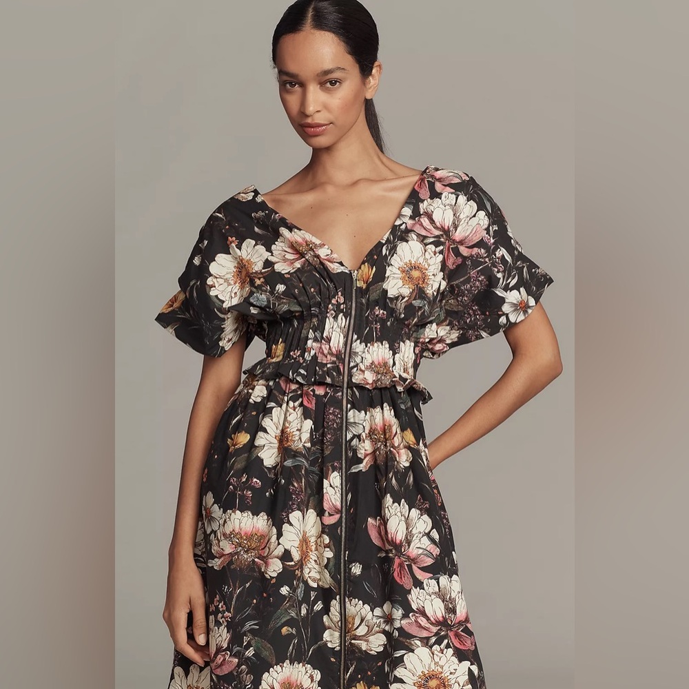 NWT Anthropologie V-Neck Zip Front Floral Midi Dress